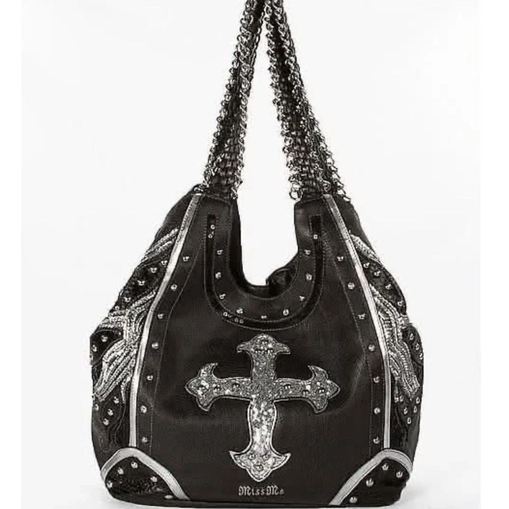 Miss Me Vintage Y2K Black Leather Sequin Cross Wing Studded Western Hobo Bag